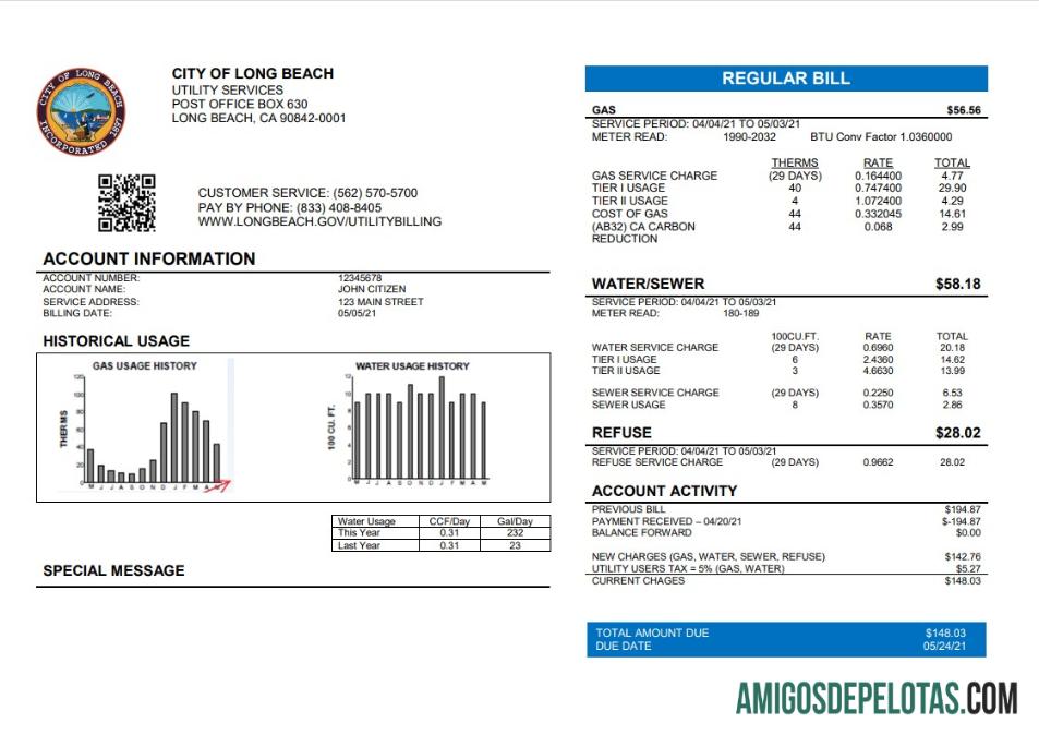 realista Modelo de conta de serviços públicos da cidade de Long Beach nos EUA em formato Word e PDF